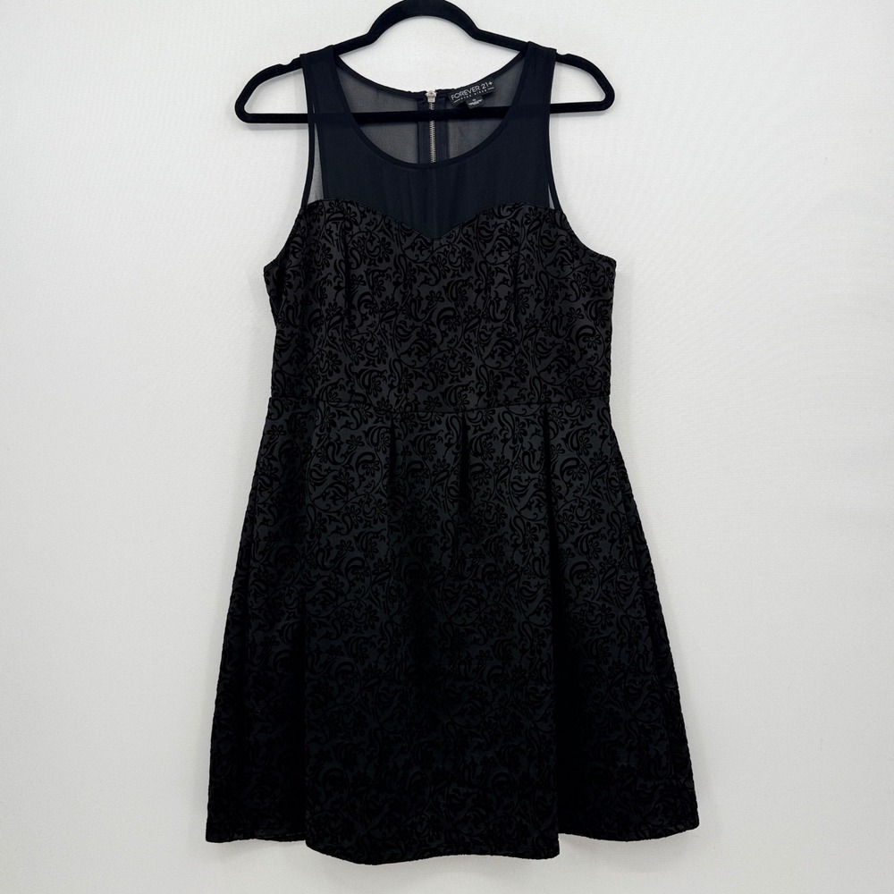 Forever 21 Dress Womens 1X Black Flocked Velvet Mesh Goth Whimsigoth Skater